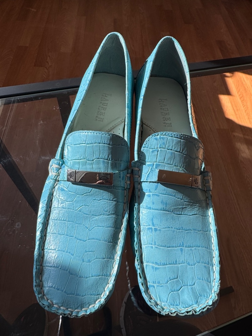 Lauren Ralph Lauren Aqua Croc-Embossed Leather Bit Loafers,Size 10